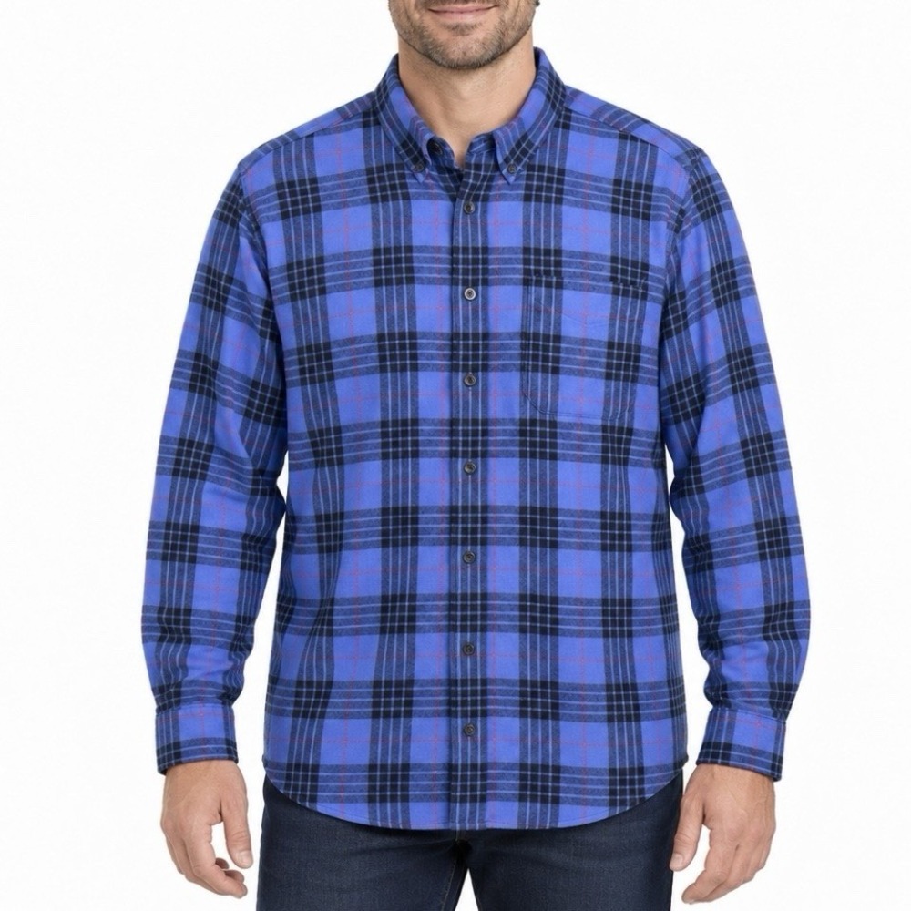 LL Bean Blue Scotch Plaid Button Down Cotton Flannel Shirt XL TALL Outdoors